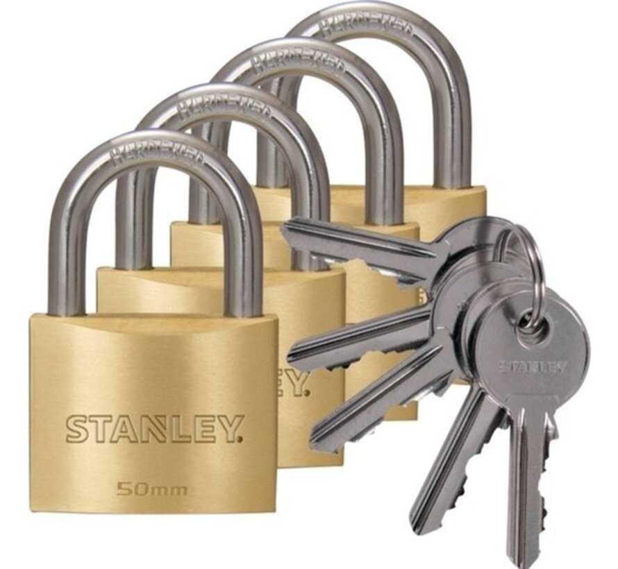 Stanley Padlock Set with Key - 4 Pieces - 50 MM - Solid Brass Locks