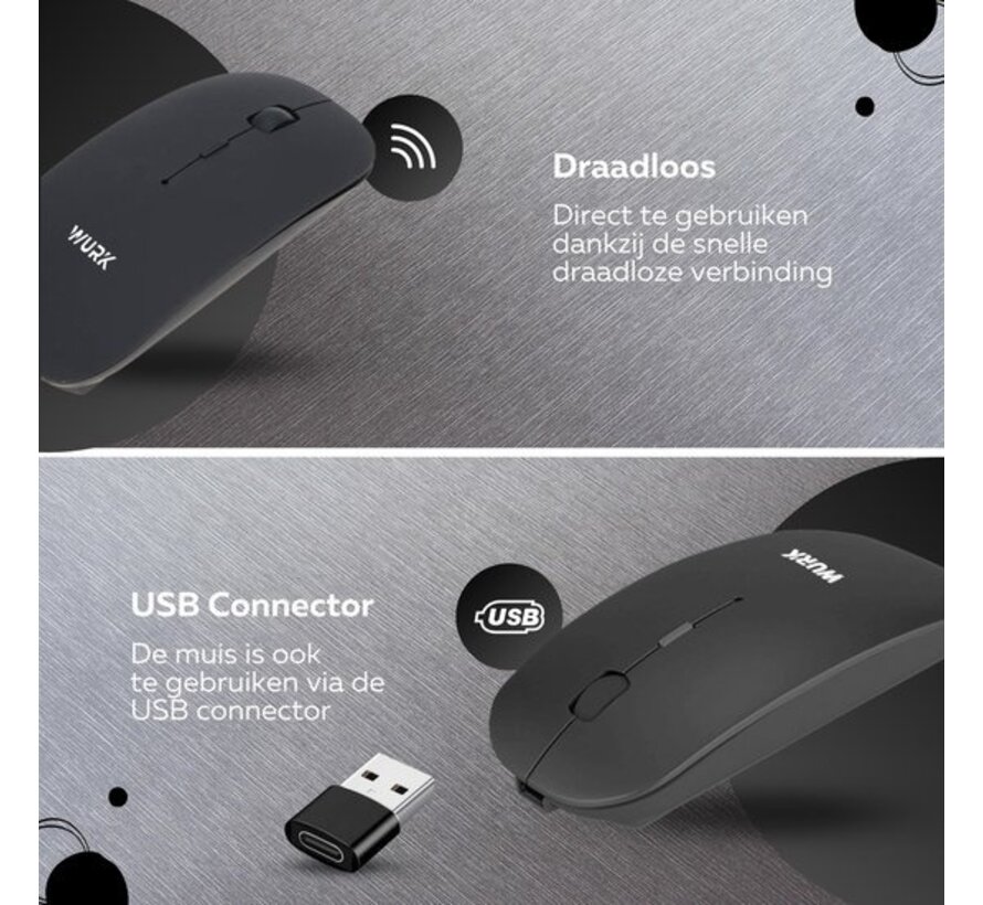 Wurk Wireless Mouse - Rechargeable - Bluetooth 4.0 - 2.4GHz - USB - Sans fil - Souris d'ordinateur - Ordinateur portable - PC - Noir
