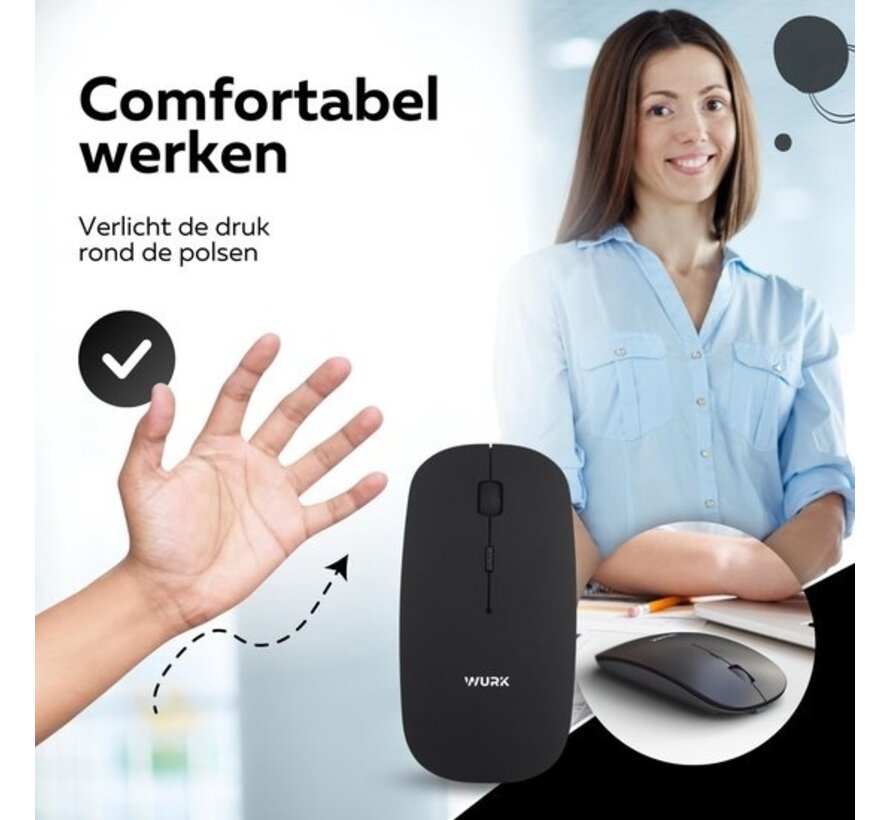 Wurk Wireless Mouse - Rechargeable - Bluetooth 4.0 - 2.4GHz - USB - Sans fil - Souris d'ordinateur - Ordinateur portable - PC - Noir