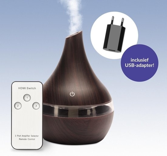 The Care Store Humidificateur - Télécommande et adaptateur USB inclus - 300ml - 7 couleurs LED/lumière d'ambiance - Aspect bois foncé