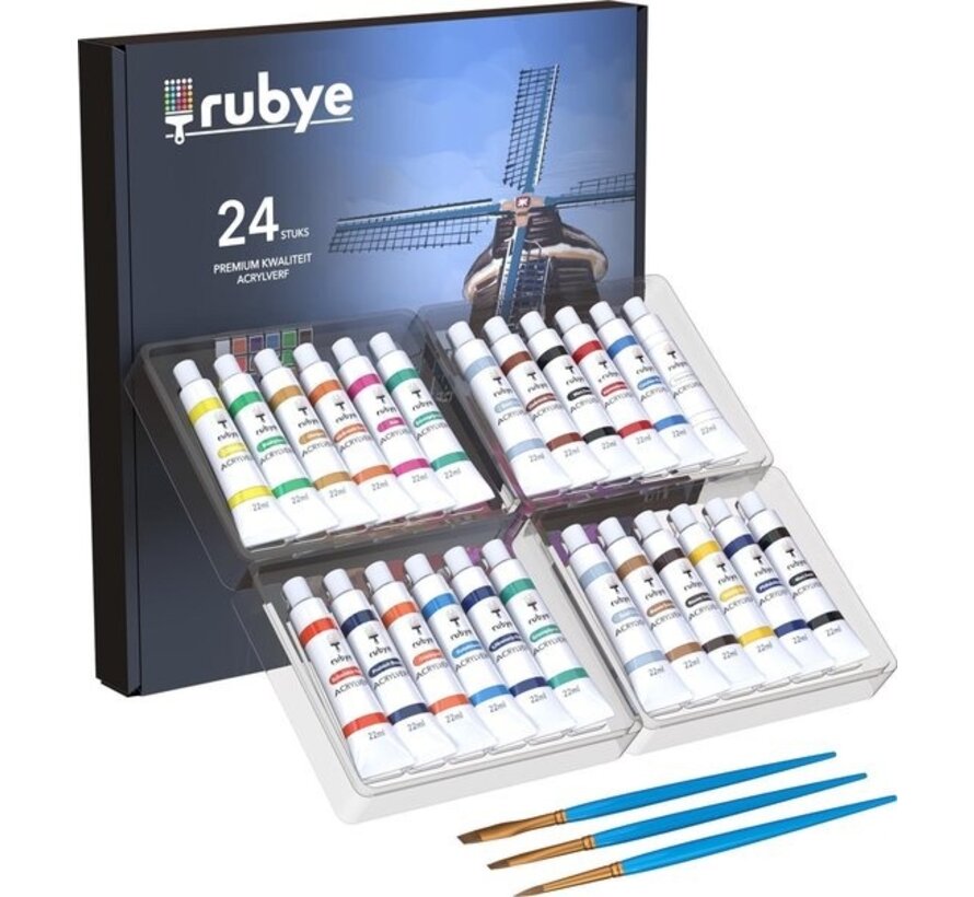 Rubye® Acrylic Painting - Peinture - Pinceaux - Hobby and Creative - Painting by Number - 22ML Tubes - 24 Couleurs