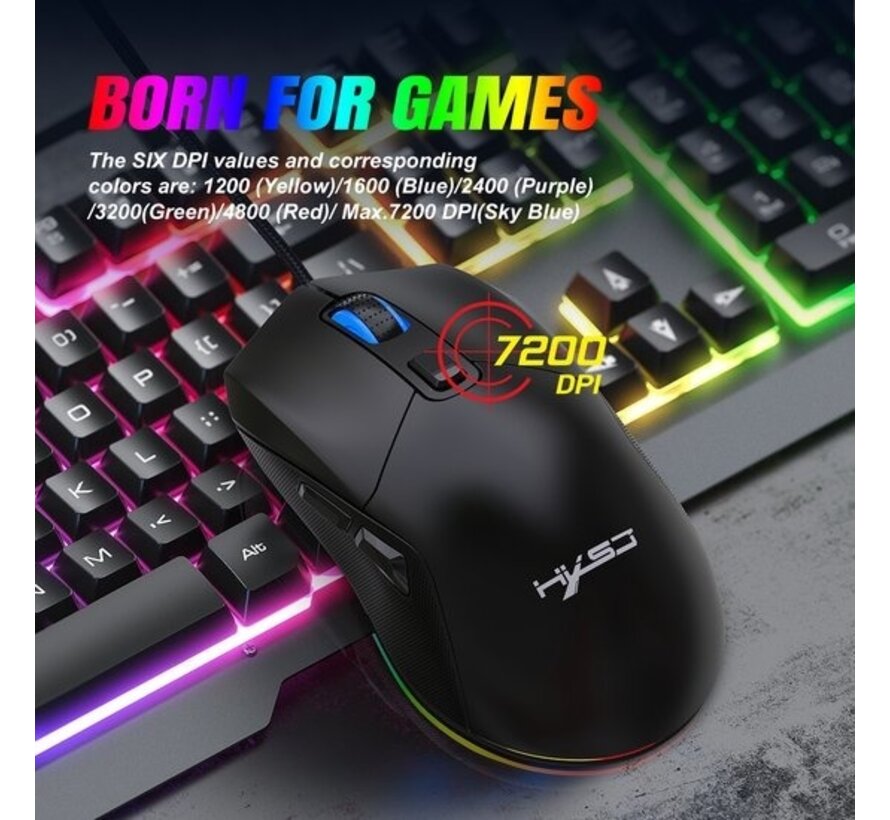 HXSJ X300 Optical Gaming Mouse - Ultra light - Eclairage RGB - Boîtier arrière remplaçable - 7200DPI - Noir
