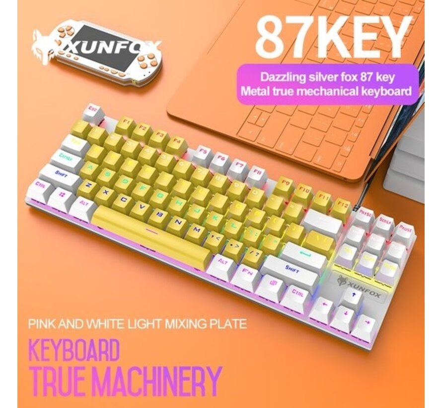 XUNFOX K80 RGB clavier de jeu mécanique 87 touches TKL - clavier de jeu Windows/Mac - interrupteur bleu - Clavier mécanique - QWERTY - claviers de jeu anti-ghosting - Jaune/Blanc