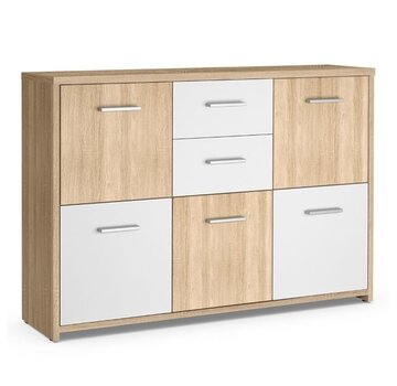 Coast Coast Chest of Drawers Storage Cabinet with 2 Drawers and 5 Doors Modern Style for Living Room Entrance Bedroom 114 x 29.5 x 77.5 CM White Wood