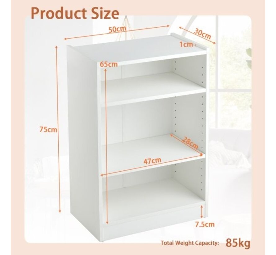 Coast Bookcase Standing Rack with 3 Compartments Shelf with Adjustable Shelves 30 x 50 x 75 cm White