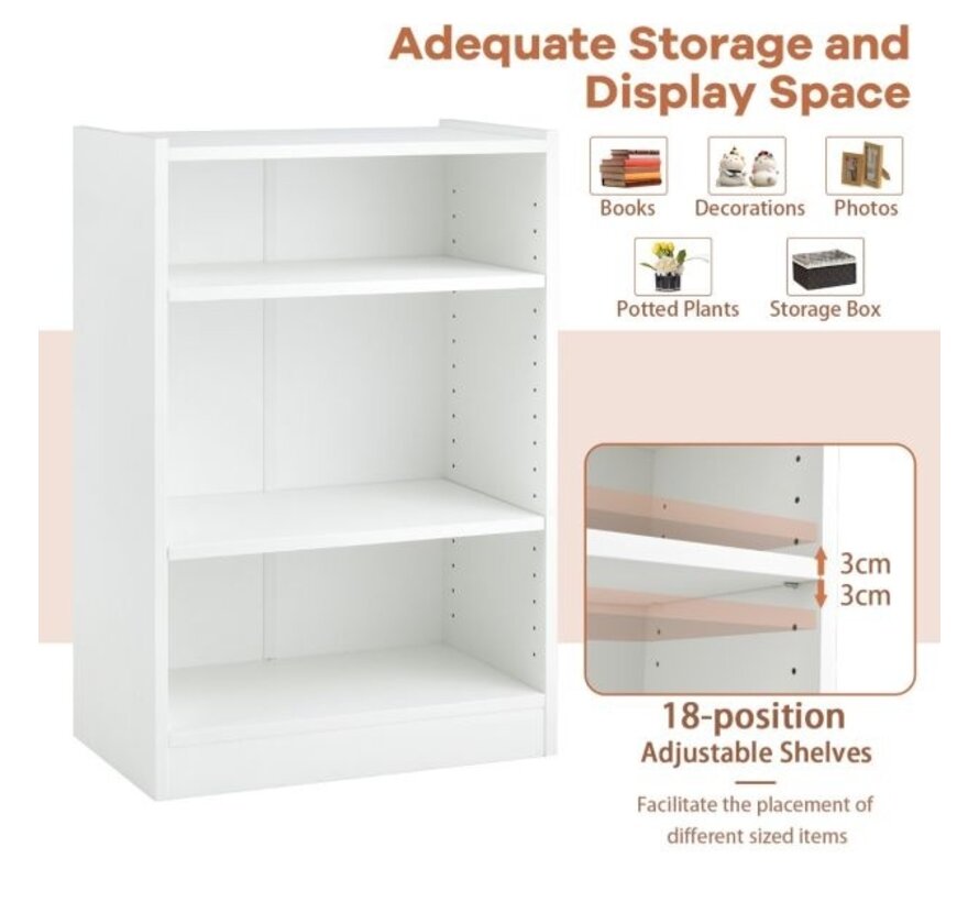 Coast Bookcase Standing Rack with 3 Compartments Shelf with Adjustable Shelves 30 x 50 x 75 cm White