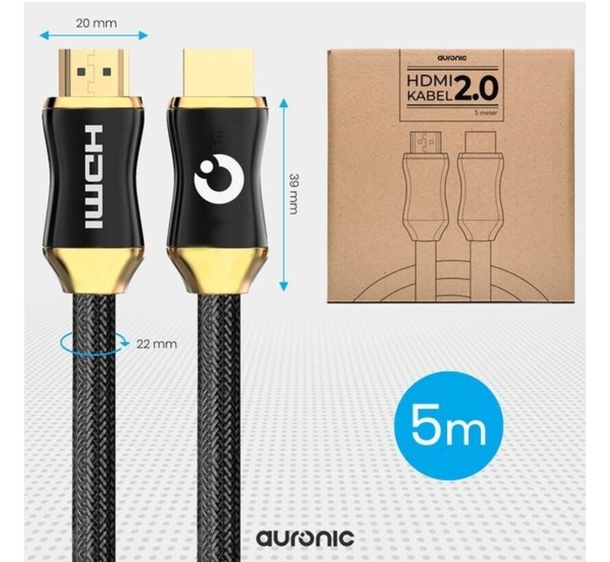 Auronic Câble HDMI 2.0 - 5M - 18Gbps - Haute vitesse et résolution - 4K (60 Hz) - Noir