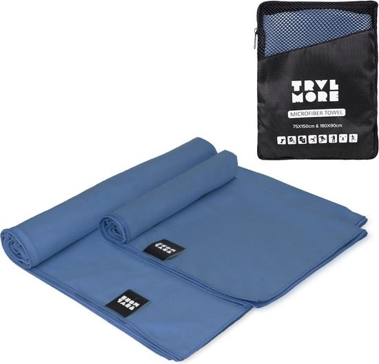 TRVLMORE Set de serviettes de voyage en microfibre - 2 pièces - Large (75 x 150 cm) & Extra Large (90 x 180 cm) - Microfibre - Bleu foncé