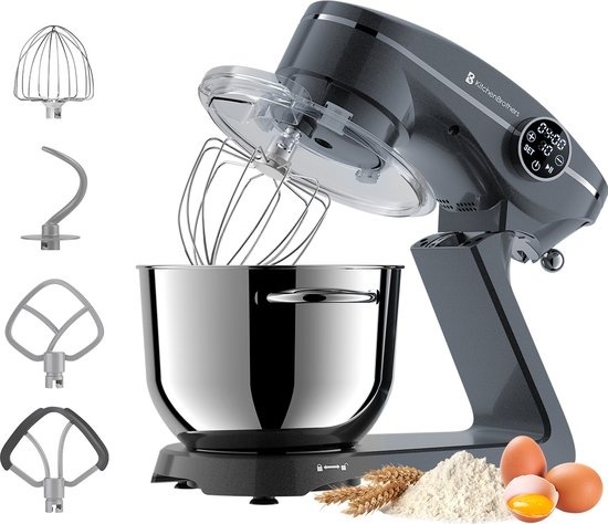 KitchenBrothers Robot de cuisine - Affichage tactile et minuterie - Robot de cuisine - 6L - 1800W - Aluminium - Anthracite