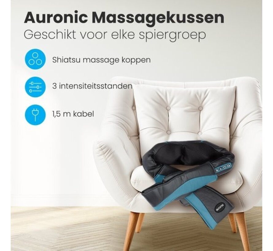 Coussin de massage shiatsu Auronic - Appareil de massage électrique pour la nuque - Appareils de massage - Appareil de massage pour la nuque et les épaules - Infrarouge - Noir/Bleu
