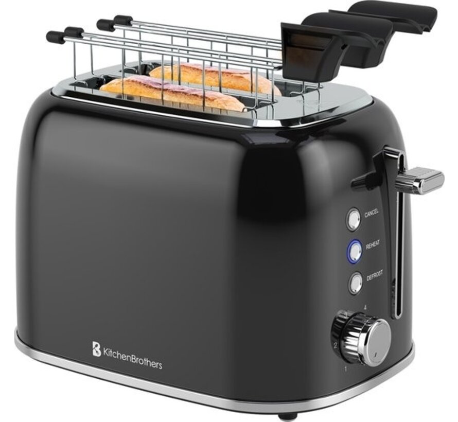 KitchenBrothers Toaster with Toasty Clamps - Grille-pain - 6 niveaux de chaleur - Fentes larges - Grille-pain - Appareil à toasti - 870W - Noir