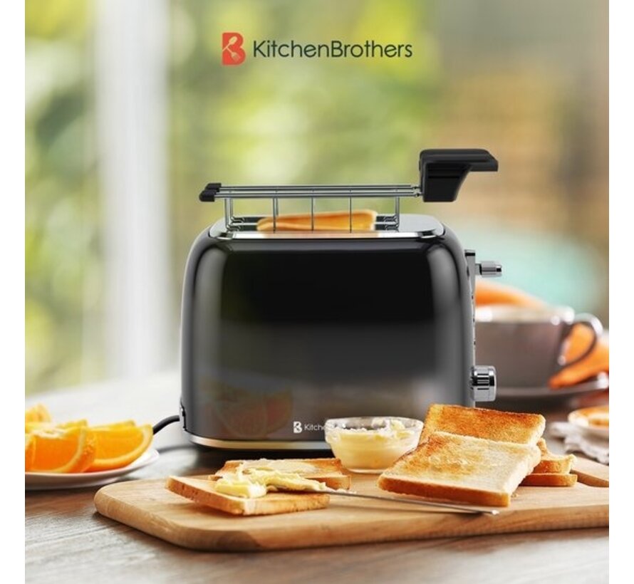 KitchenBrothers Toaster with Toasty Clamps - Grille-pain - 6 niveaux de chaleur - Fentes larges - Grille-pain - Appareil à toasti - 870W - Noir