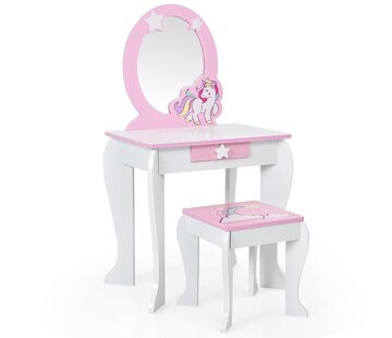 Coast Table à langer en bois pour enfants avec tabouret et miroir - blanc/licorne rose - 49 x 35,5 x 89,5 cm
