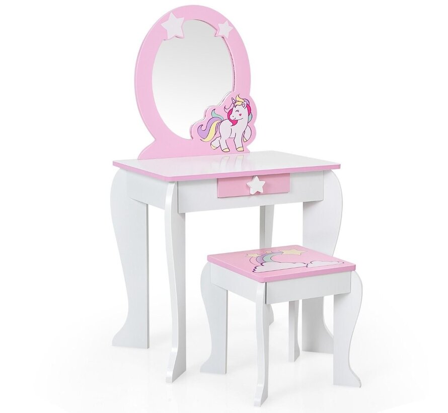 Table à langer en bois pour enfants avec tabouret et miroir - blanc/licorne rose - 49 x 35,5 x 89,5 cm