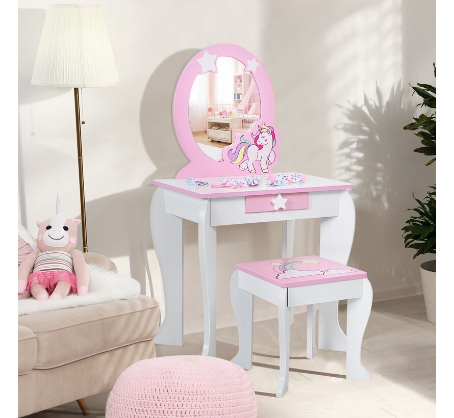 Table à langer en bois pour enfants avec tabouret et miroir - blanc/licorne rose - 49 x 35,5 x 89,5 cm