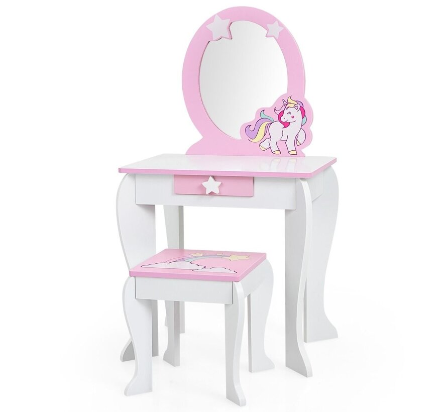 Table à langer en bois pour enfants avec tabouret et miroir - blanc/licorne rose - 49 x 35,5 x 89,5 cm