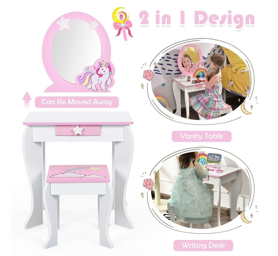 Table à langer en bois pour enfants avec tabouret et miroir - blanc/licorne rose - 49 x 35,5 x 89,5 cm