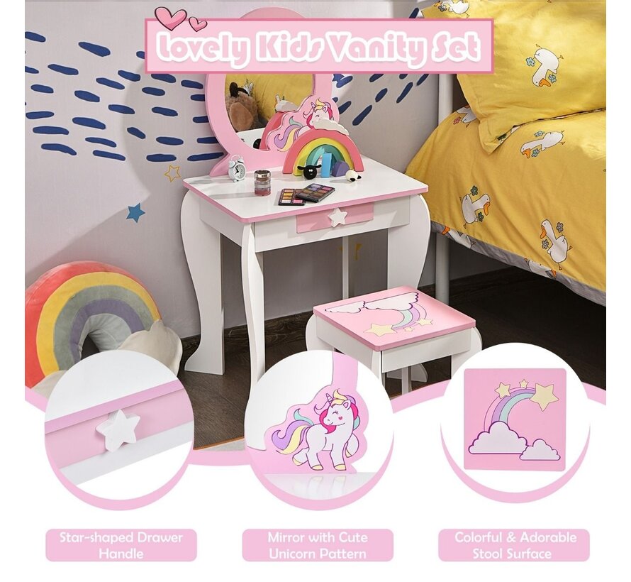 Table à langer en bois pour enfants avec tabouret et miroir - blanc/licorne rose - 49 x 35,5 x 89,5 cm
