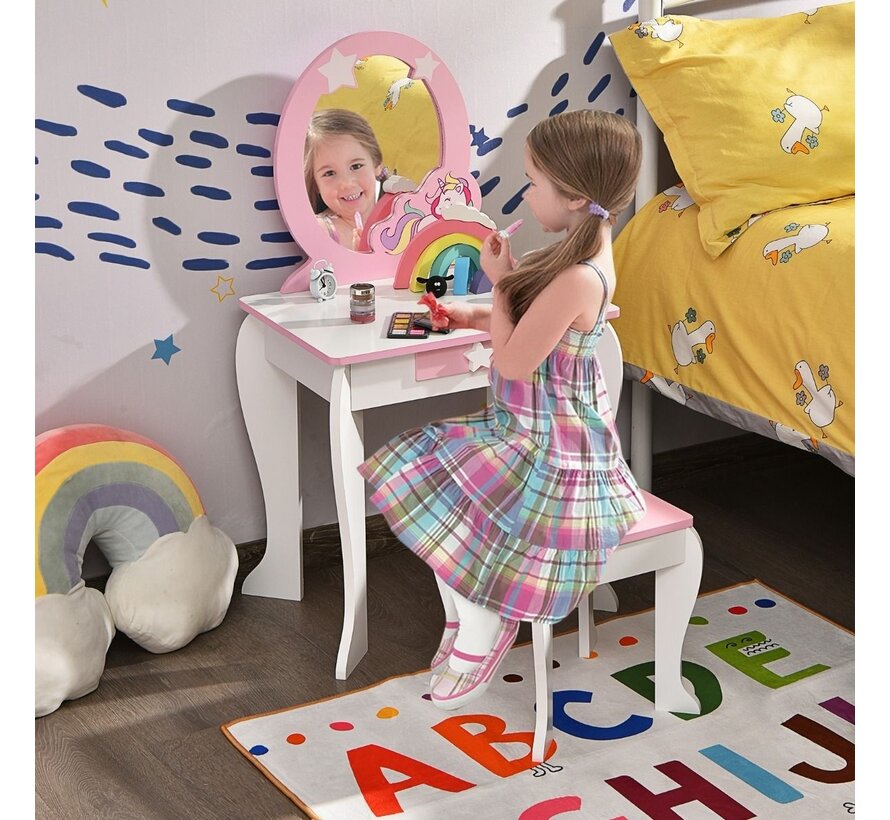 Table à langer en bois pour enfants avec tabouret et miroir - blanc/licorne rose - 49 x 35,5 x 89,5 cm