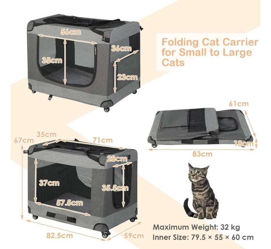 Coast Cat Racing Cages Grande boîte à chat pliante Boîte de transport avec bandoulière roues 82,5 x 59 x 67 cm gris