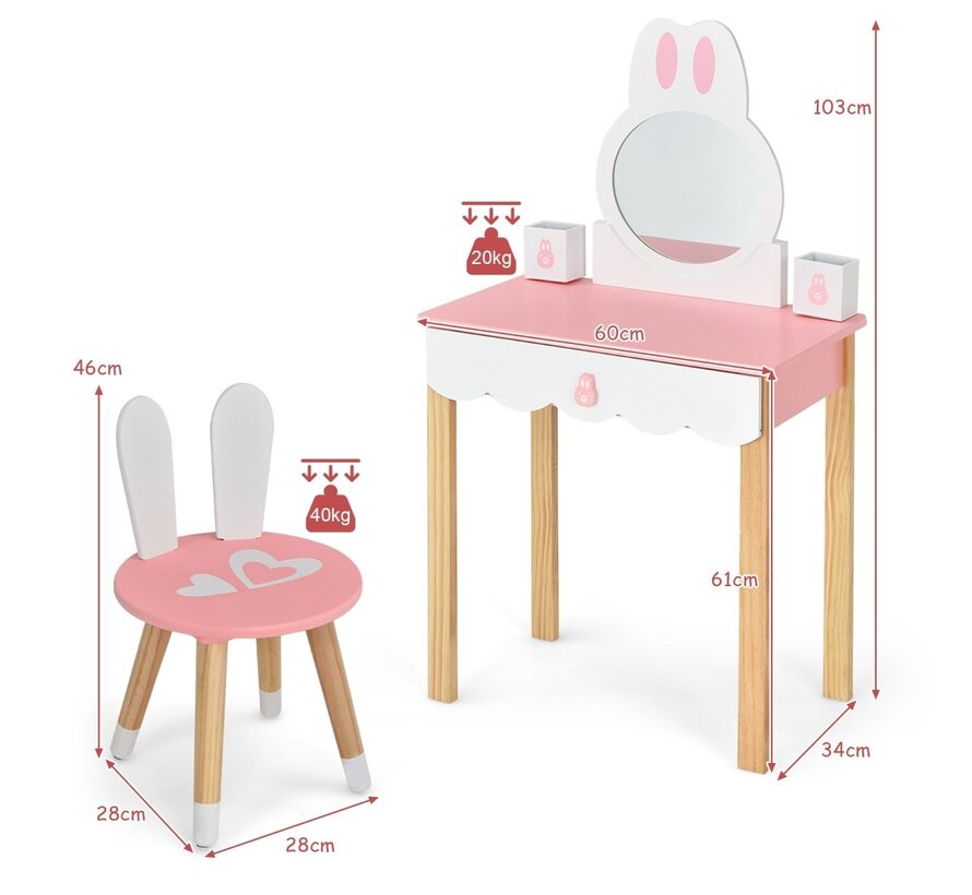 Coast Kids Table à couvercle avec tabouret Maquillage de princesse 60 x 34 x 103 cm rose + blanc