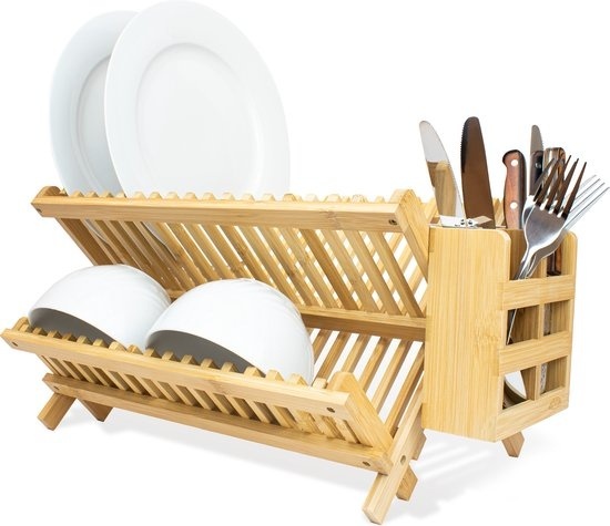 Egouttoir avec bac à couverts - Nimma® - Egouttoir à vaisselle 2 niveaux - Egouttoir pliable pour la vaisselle - Bois de bambou