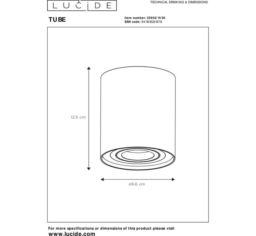 Lucide TUBE Spot plafonnier - Ø 9,6 cm - 1xGU10 - Noir