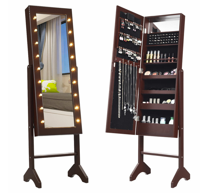 Coast Armoire à bijoux en miroir - 18 lampes LED - 35,5 x 30,5 x 145 cm - Marron