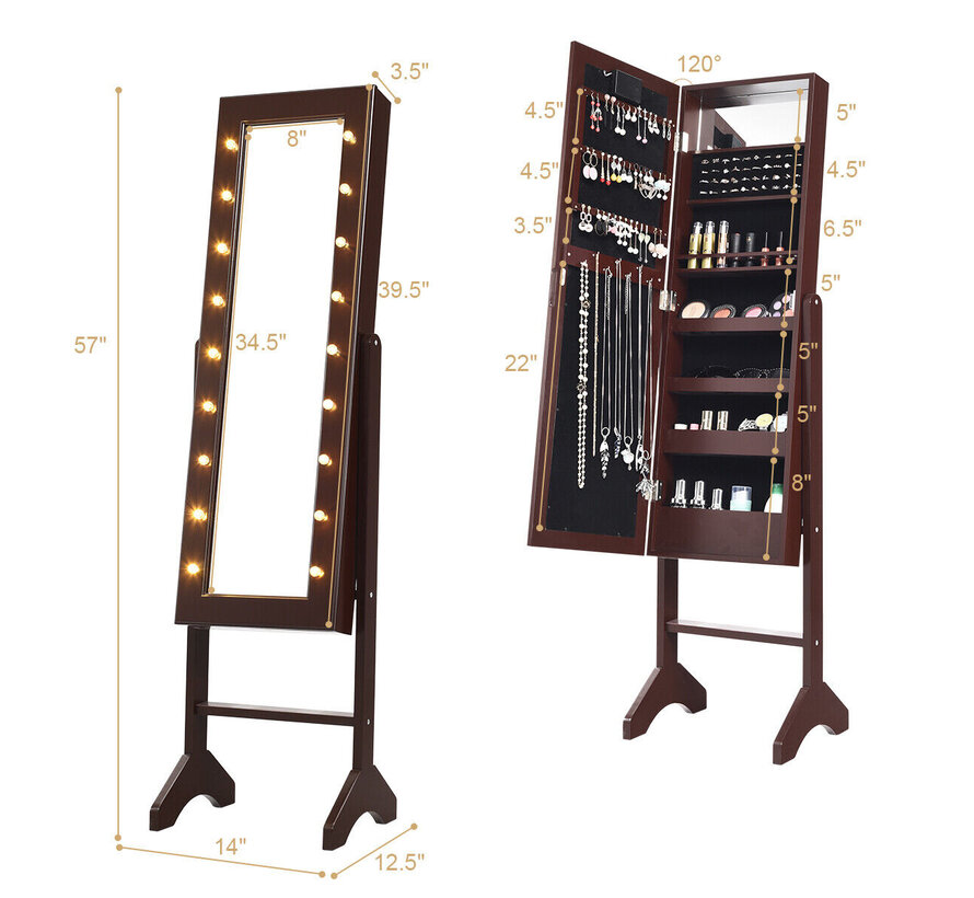 Coast Armoire à bijoux en miroir - 18 lampes LED - 35,5 x 30,5 x 145 cm - Marron