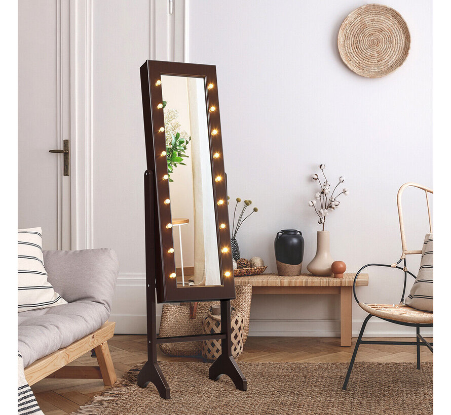 Coast Armoire à bijoux en miroir - 18 lampes LED - 35,5 x 30,5 x 145 cm - Marron