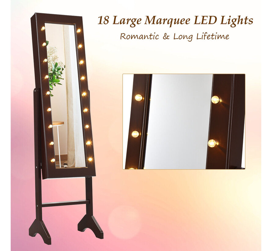 Coast Armoire à bijoux en miroir - 18 lampes LED - 35,5 x 30,5 x 145 cm - Marron