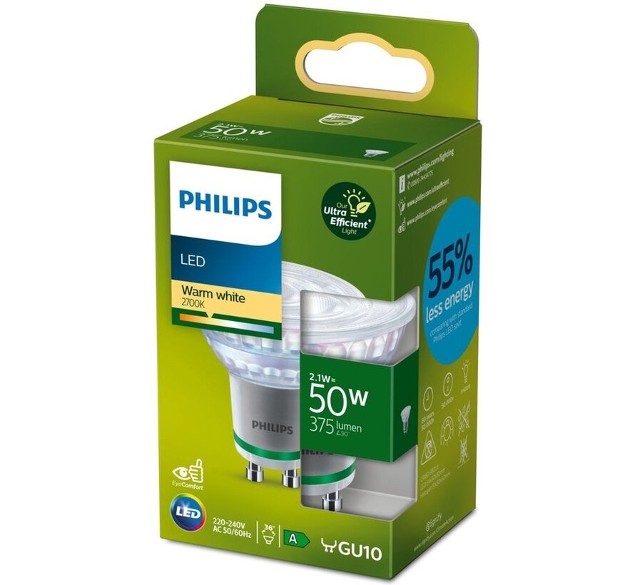 Spot LED Philips Ultra Efficient - 50W - GU10 - Lumière blanche chaude