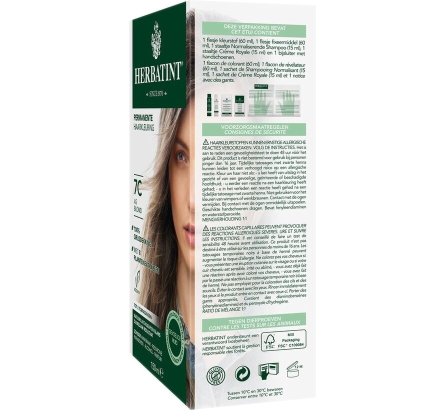 Herbatint 7C Ash Blonde - Teinture pour cheveux - Coloration permanente végétalienne - 8 extraits de plantes - 150 ml