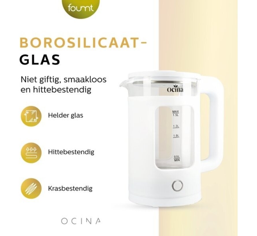 Bouilloire électrique Ocina - 1,5 litre - 1500W - LED - Verre - Blanc