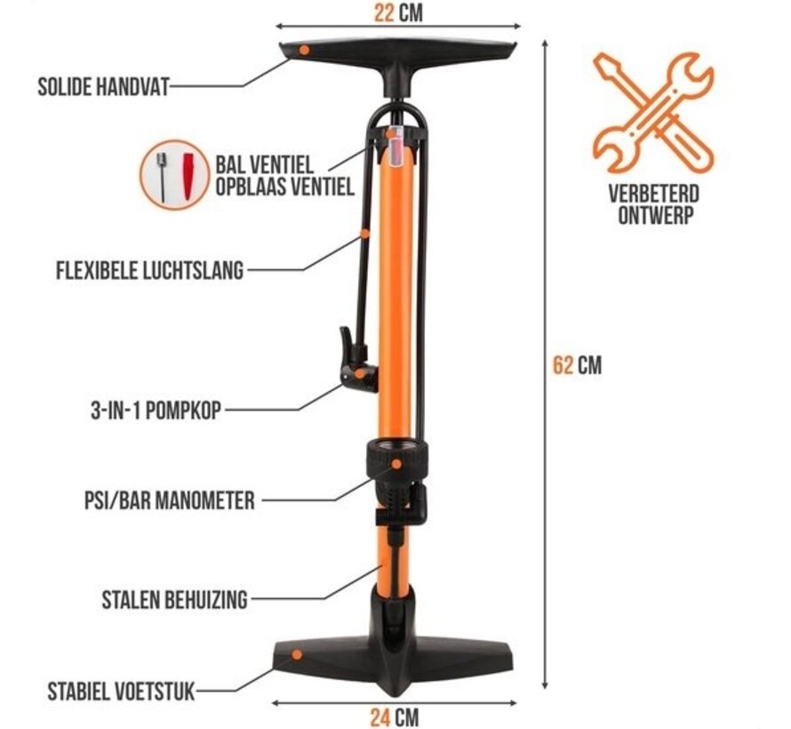 Pompe à vélo Strex - Manomètre - 11 Bar - Pompe à bille - Orange