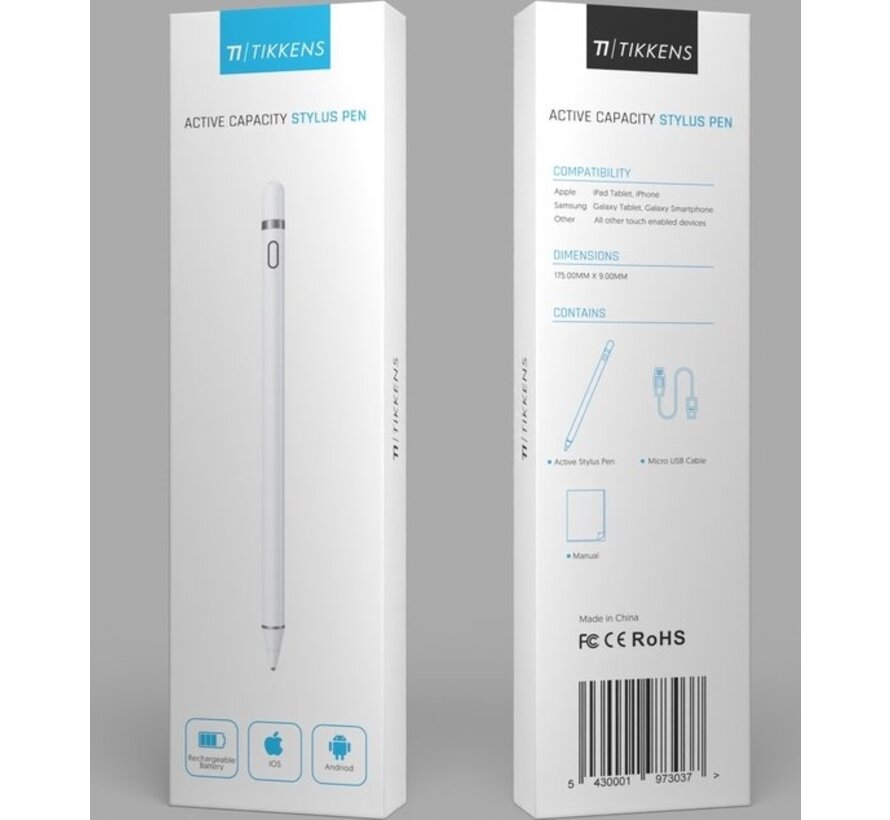 Tikkens Stylet - Crayon actif 2 en 1 pour tablette, Ipad, téléphones Android et Apple - Blanc