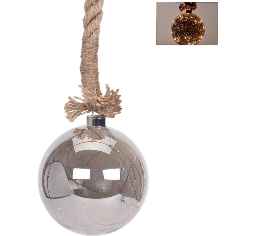 Boule en verre avec 30 LED - 15cm - corde de jute 100cm