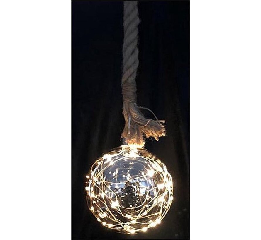 Boule en verre avec 30 LED - 15cm - corde de jute 100cm