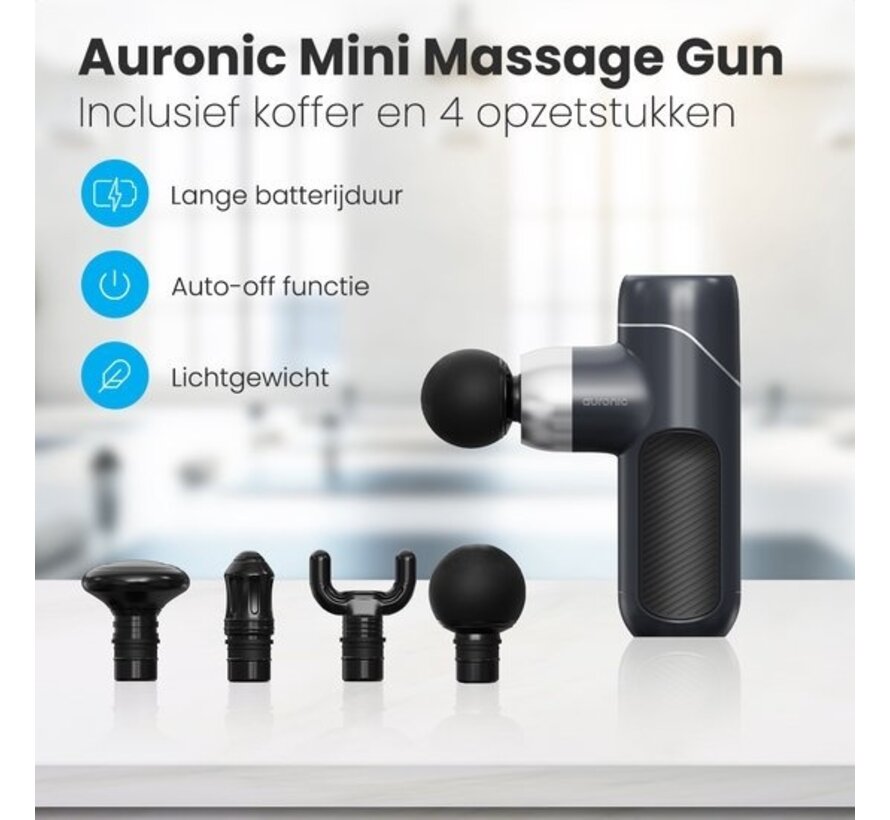 Auronic Massage Gun - Appareil de massage - Professionnel - 4 accessoires et étui - Pistolet de massage - Corps entier - Gris foncé