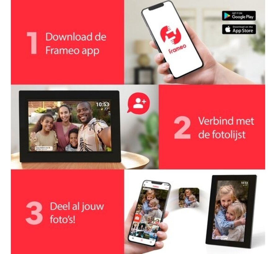 Cadre photo numérique Denver 7 pouces - Frameo App - Cadre photo - WiFi - écran tactile IPS - 8GB - PFF710B