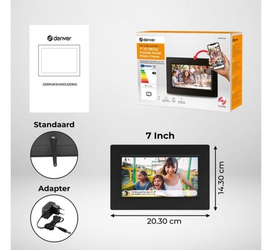 Cadre photo numérique Denver 7 pouces - Frameo App - Cadre photo - WiFi - écran tactile IPS - 8GB - PFF710B