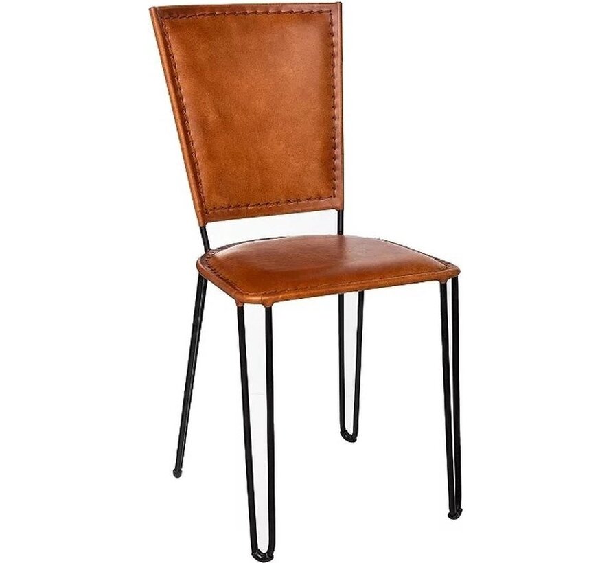 Atmosphera - Chaise de salle à manger en cuir - Pieds en métal - Cognac