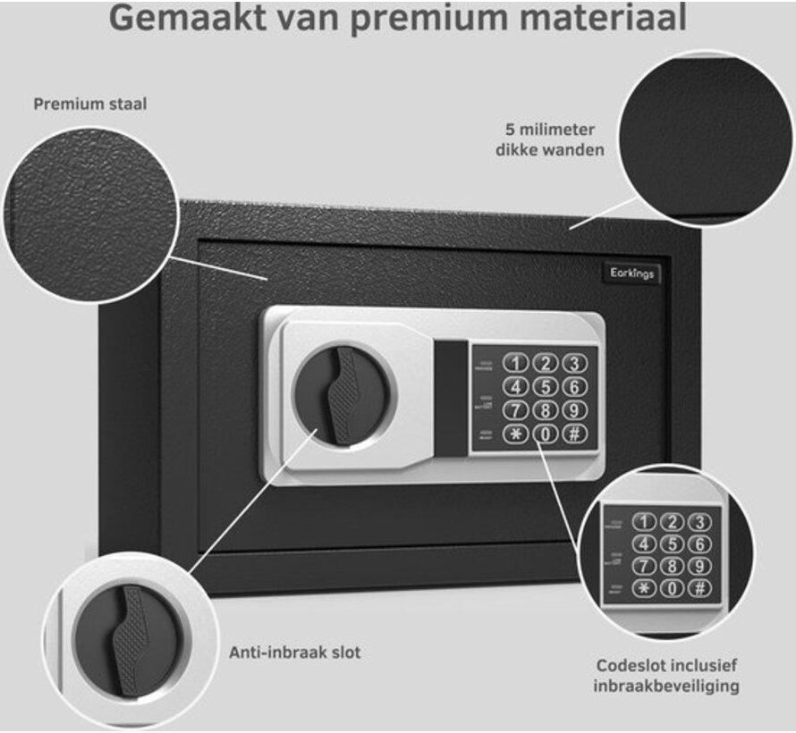 Earkings Safe 20x32x20 cm avec serrure à chiffres - Coffre-fort électronique - Comprend le matériel de fixation, deux clés de secours et une serrure d'alarme