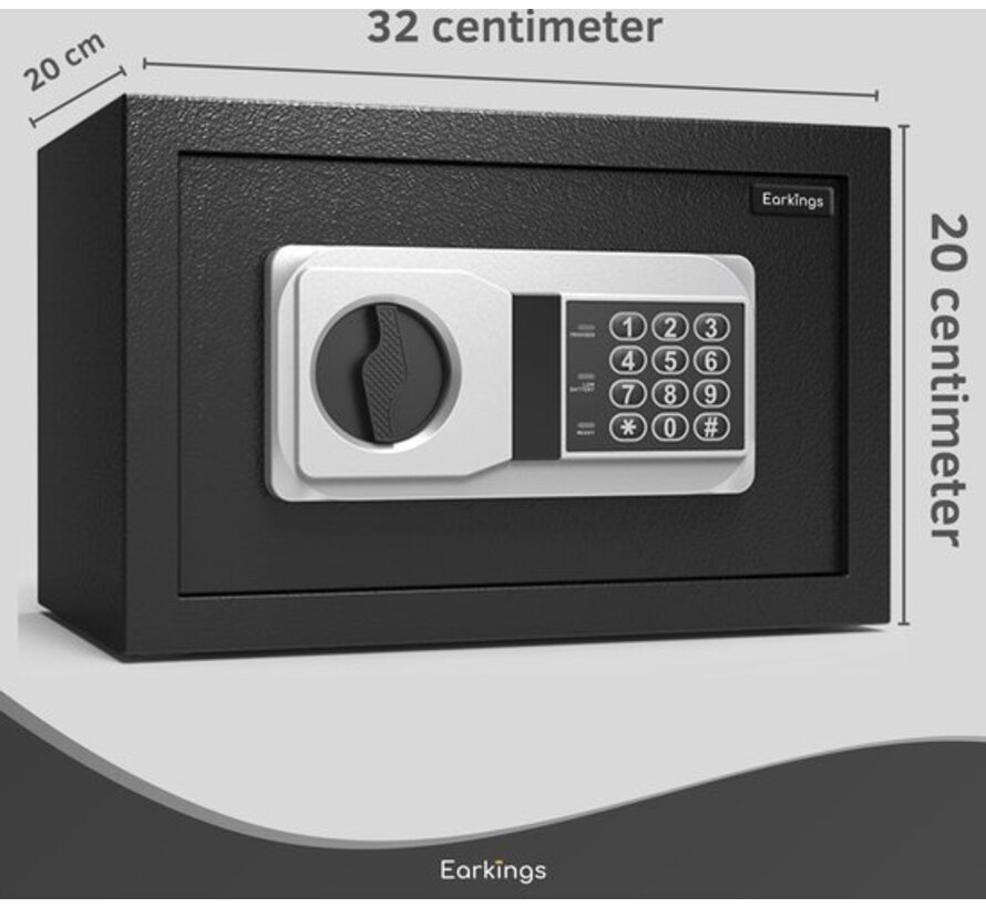 Earkings Safe 20x32x20 cm avec serrure à chiffres - Coffre-fort électronique - Comprend le matériel de fixation, deux clés de secours et une serrure d'alarme