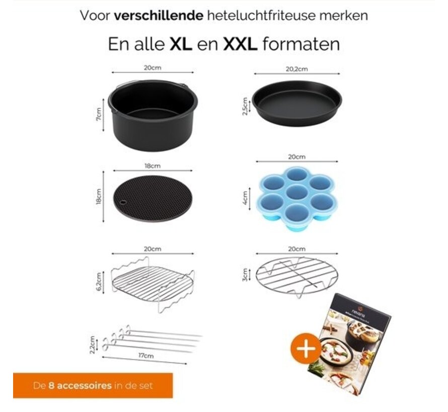 Ensemble d'accessoires pour friteuse à air chaud - Convient aux friteuses Philips Airfryer XL et XXL, entre autres - Livre de recettes inclus - Ø 20cm