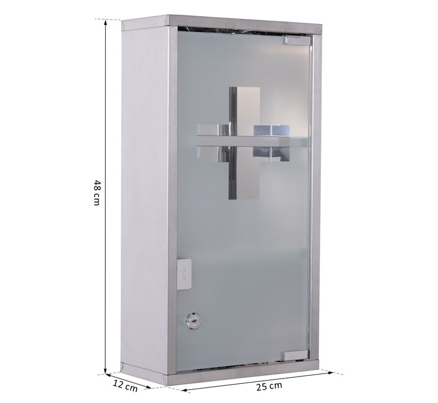 HOMdotCOM Armoire à pharmacie murale en acier inoxydable avec 2 étagères + porte de sécurité en verre verrouillable 48 cm