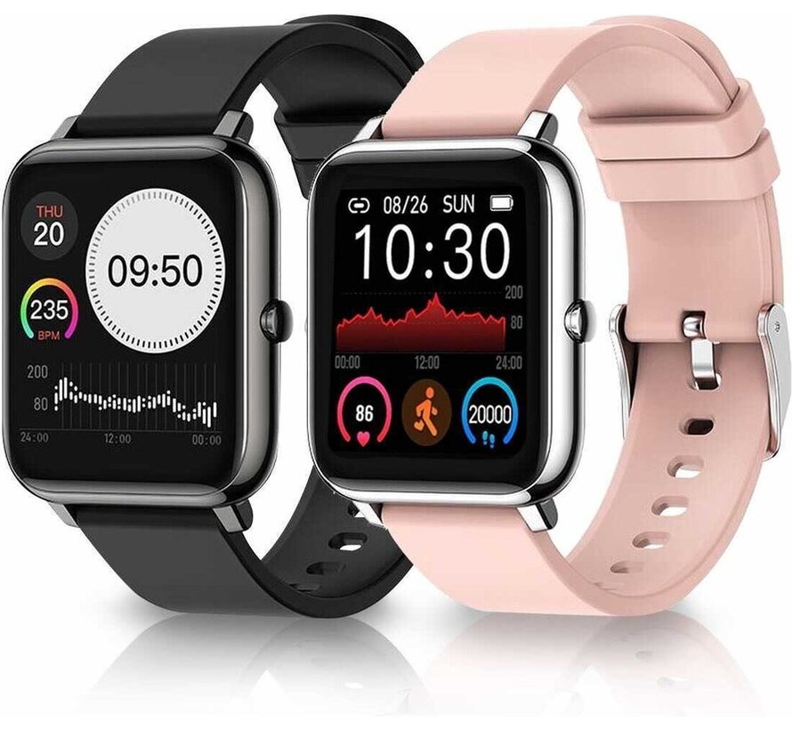 Montre connectée - MM Brands - IOS et Android - Etanche - Bracelet noir et rose