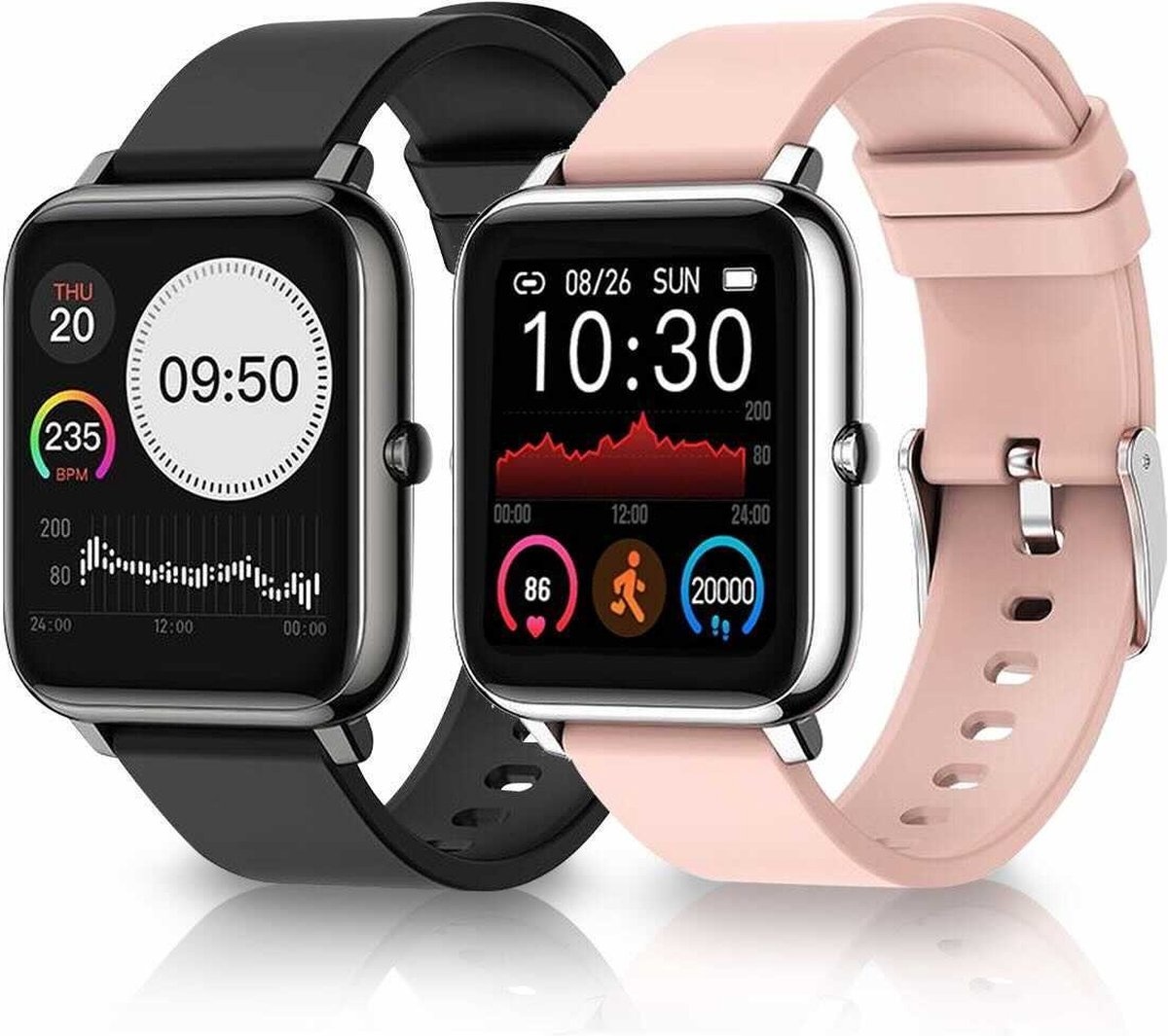 Montre connectée MM Brands - IOS et Android - Etanche - Bracelet noir et rose