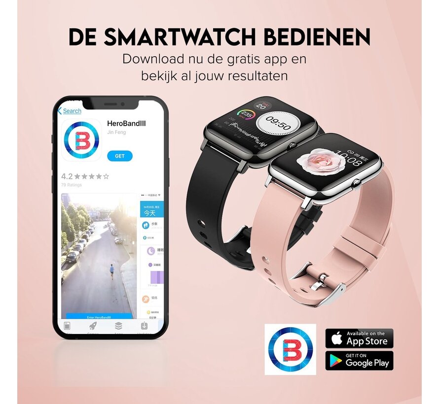 Montre connectée - MM Brands - IOS et Android - Etanche - Bracelet noir et rose