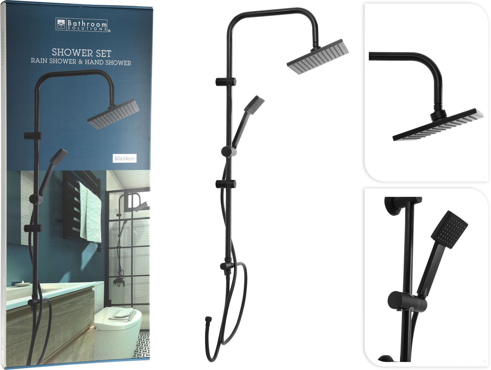Bathroom Solutions Ensemble de douche pluie AVEC douchette à main 150cm - Noir mat